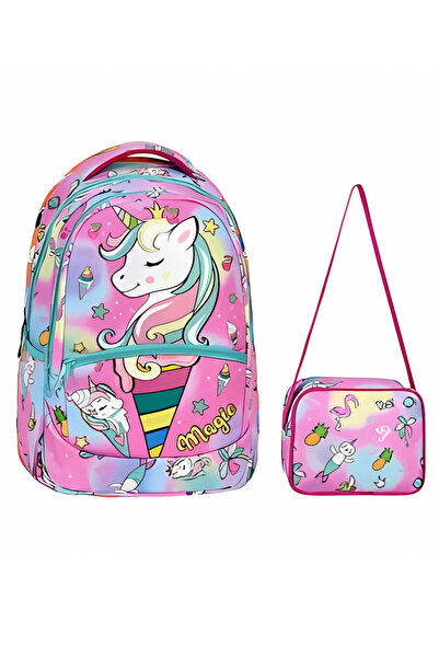 Çanta Limanı Rucsac roz pentru școala primară cu model unicorn + cutie de prâ...