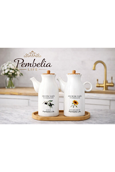 Pembelia Life Etiketli Ahşap Standlı 2'li Porselen 1000ml Yağlık&sirkelik(3'L...