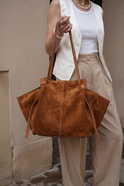 Marjin Kadın Hakiki Deri Shopper El ve Omuz Çantası Yorita Taba Süet