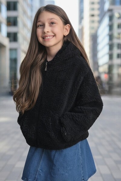 QUB CLUB Κοριτσίστικο μαύρο βελούδινο παλτό με επένδυση