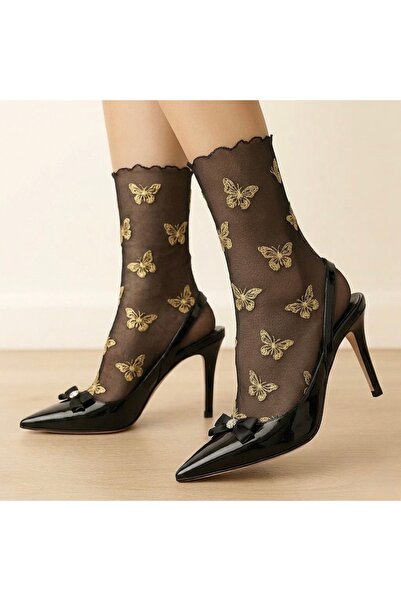 DİLARRA Boutique Kelebek Desenli Siyah Tül Çorap