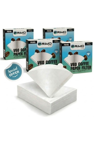 Primo Plus 400 قطعة من فلاتر القهوة الورقية مقاس V60 02 باللون الأبيض