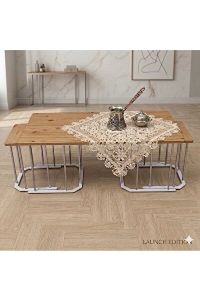 Nokta Sehpa Home 2+1 DİKDÖRTGEN 3LÜ ORTA SEHPA GÜMÜŞ METAL ÇAM TABLA