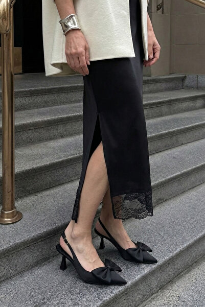 Marjin Kadın Stiletto Arkası Açık Fiyonk Detaylı Klasik Topuklu Ayakkabı Sarvel Siyah