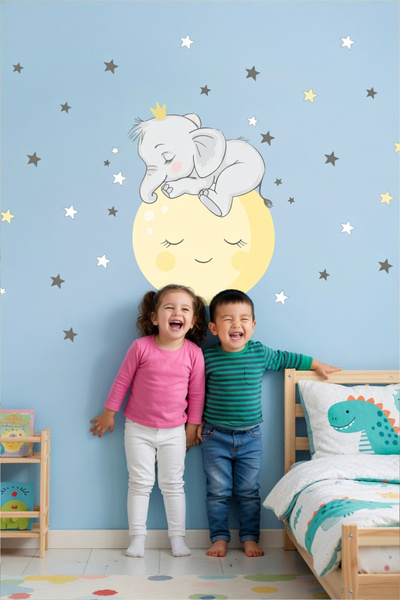 KT Decor Sleepy Elephant with Moon and Stars Children's Room Wall Sticker Set