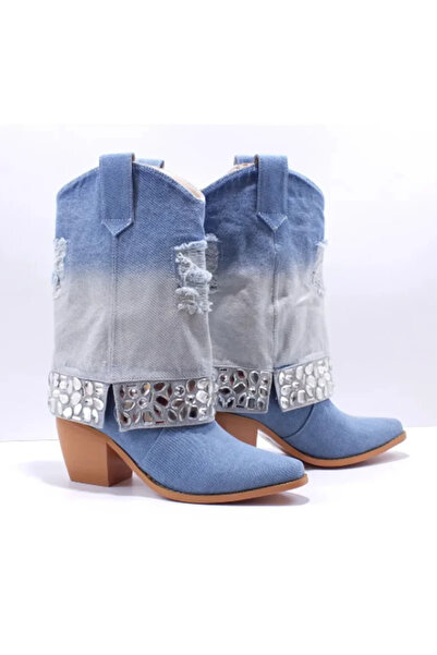 Guja أحذية رعاة البقر النسائية الأنيقة ذات اللون الأزرق المغسول