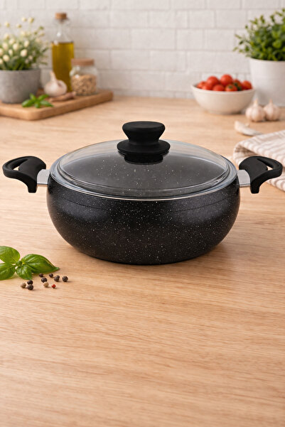 LAVONNI Granit Pro 22 Cm Derin Granit Güveç Tencere Siyah Bakalit Saplı Cam K...