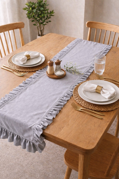 DeLavinDa Natural Fırfırlı Vintage Gri Runner Ranır 40x110 Cm
