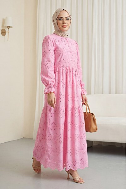 Modamorfo Half-Buttoned Lace Detailed Robadan Dress -Pink