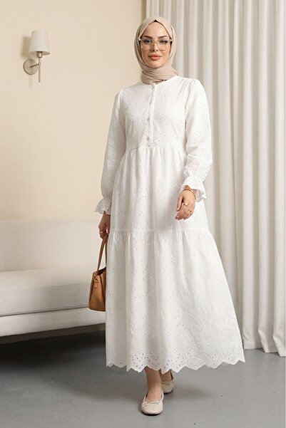 Modamorfo Half-Buttoned Lace Detailed Robadan Dress -White