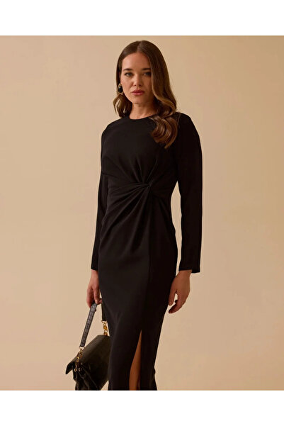 SEÇİL YENİ KADIN drapeli midi boy şık krep elbise 30002521318002