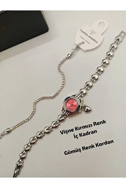 Brality Kalp Charmlı Gümüş Renk Kordon Kadın Kol Saati- VİŞNE KIRMIZI İÇ KADR...