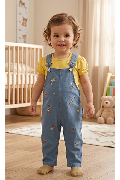 genybaby Baby Girl Floral Embroidered Denim Salopet Set with T-Shirt 6-24 Months
