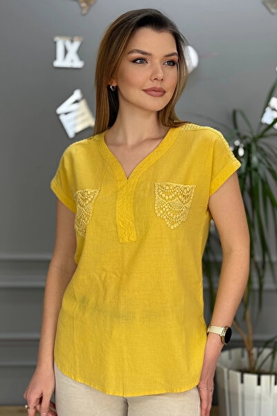 Bİ.GİYSEN Γυναικείο κίτρινο λινό πουκάμισο με κοντό μανίκι με κορδόνια και τσέπη