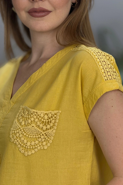 Bİ.GİYSEN Women's Yellow Shoulder and Pocket Laced Linen Fabric Short Sleeve Blouse Shirt
