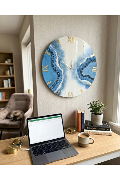 Home Duvar Saati 40 cm - Modern Mavi Ve Beyaz - El Yapımı Epoxy Duvar Saati