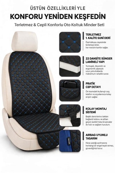 Generic Brand Anti-Sweat Car Seat Cushion Set with Pockets, Easy to Install, Universal Protective Cover, Fabric Blue