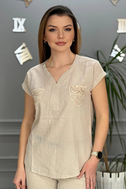 Bİ.GİYSEN Γυναικείο πουκάμισο με κοντό μανίκι από λινό ύφασμα με κορδόνια στα...