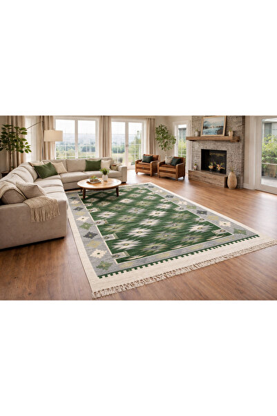 OEM Covor traditional, dimensiunea 200x300cm, verde si crem, model ROMB