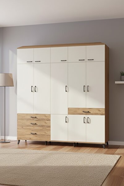 Dienni Hyperion Dolap 8 Raflı 4 Çekmeceli 3 Askılı 220x44x243 Çam-Aytaşı/Çam