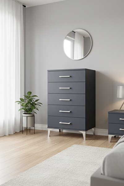 Dienni Arges Komodin 5 Çekmeceli 60x30x96 Antrasit-Antrasit