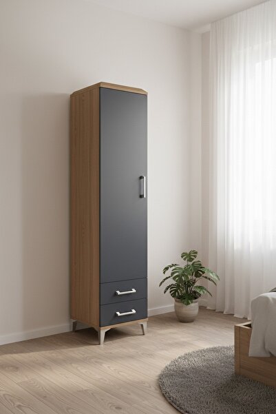 Dienni Hyperion Dolap 5 Raflı 2 Çekmeceli Tek Kapaklı 44x44x195 Çam-Antrasit