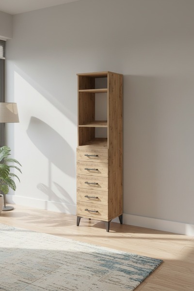 Dienni Hyperion Dolap 3 Raflı 5 Çekmeceli 44x44x182 Çam-Çam