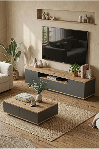 Robin Home Loft Tv Ünitesi Orta Sehpa 2'Li Set Çam-Antrasit