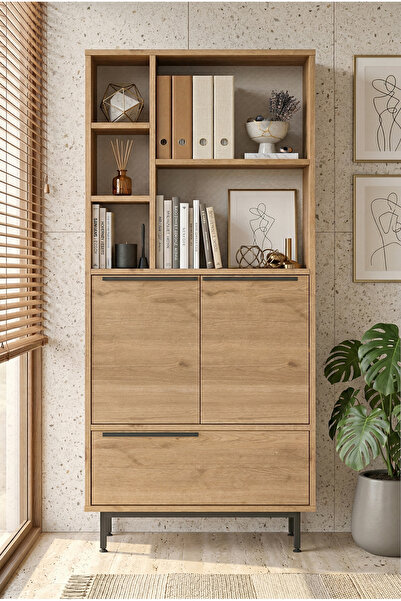 Robin Home Lidya Ofis Klasör Dolabı Kitaplık 3 Kapaklı Metal Ayaklı Sepet