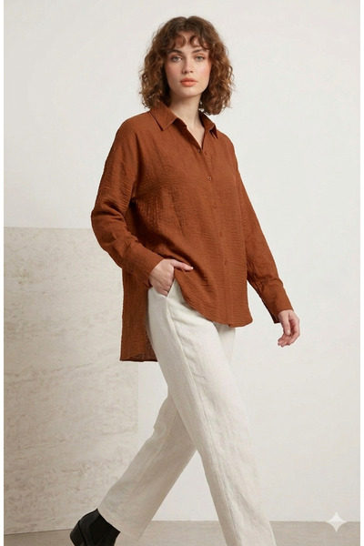 Mess Trend Tarzınla Fark Yarat Cinnamon Color Loose Fit Textured Shirt