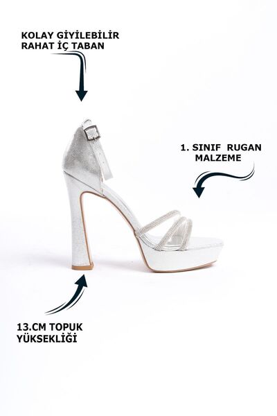 Limeo Gümüş Parlak Taşlı Üç Şeritli Tokalı İnce Yüksek Topuklu Kadın Abiye Ayakkabı