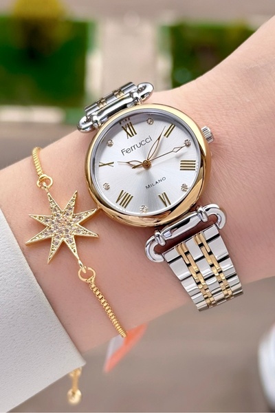 Ferrucci Gold Silver Color Women's Wristwatch and Bracelet