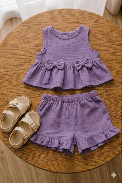 Nimini Kids Summery Ribbon Detailed Muslin Baby Girl T-shirt-Shorts Top and B...