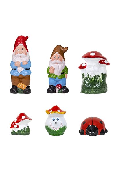 FOXMAG24 Κεραμικό σετ διακόσμησης κήπου, 2 νάνοι, 3 μανιτάρια και πασχαλίτσα