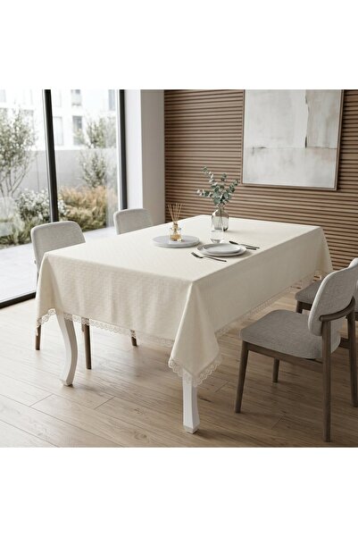 Finezza Asos Keten Polyester Jakarlı Kumaş Krem Masa Örtüsü 150x210 Cm - 1315