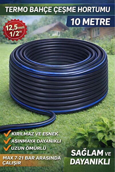GLASWEN Termo Kauçuklu Bahçe Hortumu 10 Metre Dayanıklı 3 Katlı Sağlam Su Sul...