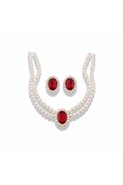Pursehuit Set colier și cercei, auriu, cu perle și pietre roșii, Osa C5