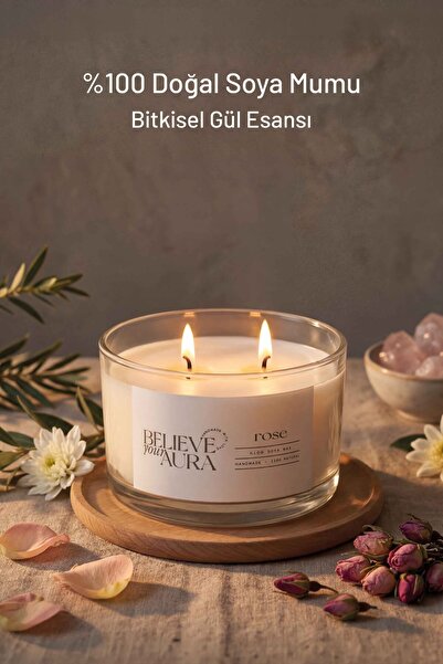 Believe Your Aura Gül Kokulu Mum - %100 Soya Mumu Aromaterapi ve Dekoratif Ka...