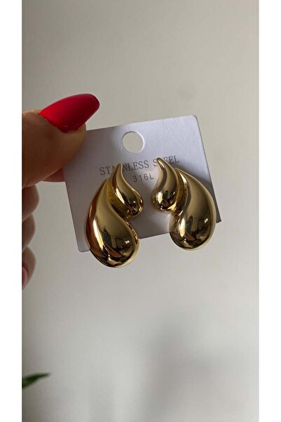 Haziran Aksesuar 2'Li Büyük ve Küçük Damla Model, Gold Çelik Kadın Küpe
