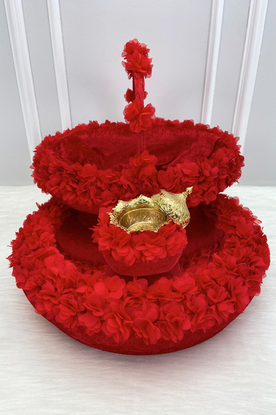 ZEYMERADE Kırmızı Çiçekli Aynalı Kadife Kına Gecesi Tepsi Sepet Gelin Takımı,...