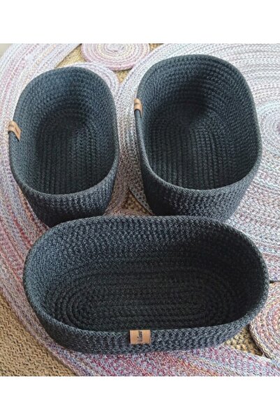 Life For You سلة بيضاوية مزخرفة 3 قطع مقاس 18*28 سم من الجوت الأنثراسيت منظم ...