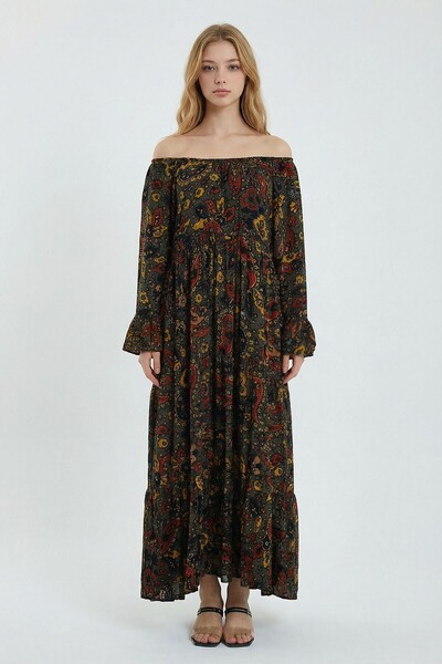 loia Women's Khaki Off Shoulder Elastic Patterned Relaxed Cut Long Length Wov...