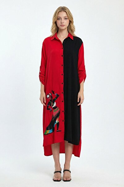 loia Γυναικείο φόρεμα με κόκκινο κέντημα, μάξι μήκους, υφαντό από βισκόζη, κο...