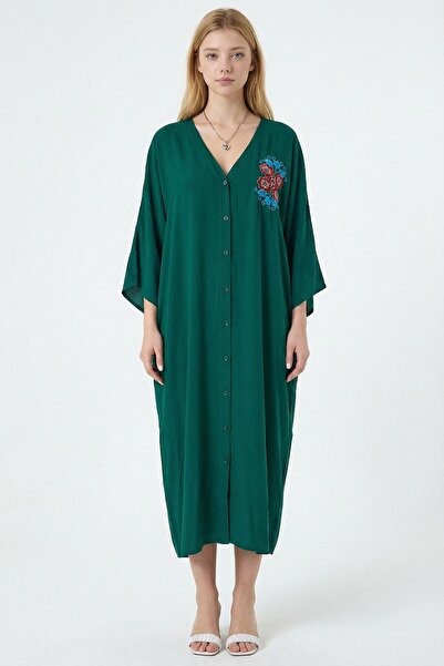 loia Women's Emerald Green Embroidered Maxi Length Woven Viscose Stylish Dres...