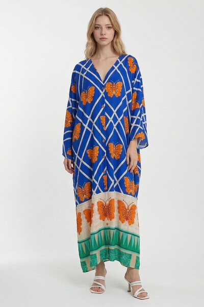 loia Women's Saks V-Neck Floral Patterned Long Length Woven Shirt Stylish Dre...