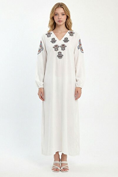 loia Γυναικείο φόρεμα με λευκό κέντημα, μάξι μήκους, υφαντό από βισκόζη, κομψ...