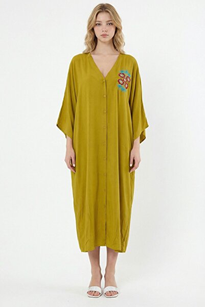 loia Women's Oil Green Embroidered Maxi Length Woven Viscose Stylish Dress L2...