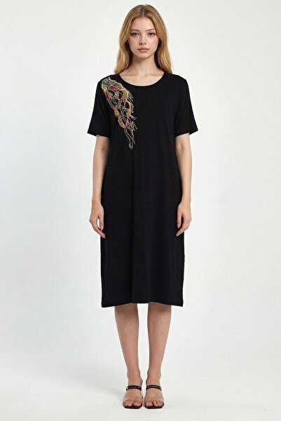 loia Γυναικείο μαύρο κεντημένο πλεκτό φόρεμα από βισκόζη κομψό L26-BCVL-251048