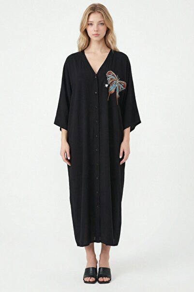 loia Γυναικείο μαύρο κεντημένο φόρεμα μάξι με υφαντό βισκόζη κομψό φόρεμα L26...