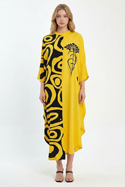 loia Γυναικείο κομψό φόρεμα από υφαντό βισκόζη με κίτρινο κέντημα, μάξι μήκος...